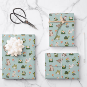 Teich-Tiere & Seerosenblätter auf Pistazien-Grün Geschenkpapier Set