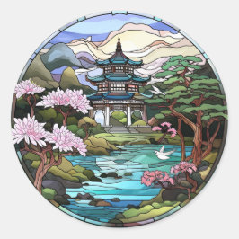 Teichreflexionen: Japanische Tempel-Sticker-Set Runder Aufkleber
