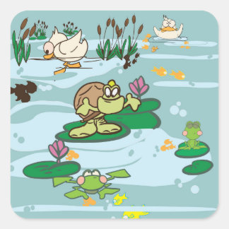 Teichszene mit Cartoon Schildkröte, Ente, Fisch un Quadratischer Aufkleber