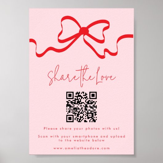 Teilen Sie die Liebe Red Bow Wedding Foto QR Code Poster (Vorne)