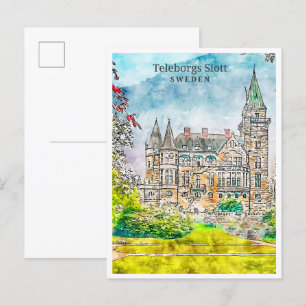Teleborgs Slott Schweden Vintage-Reise Wasserfarbe Postkarte