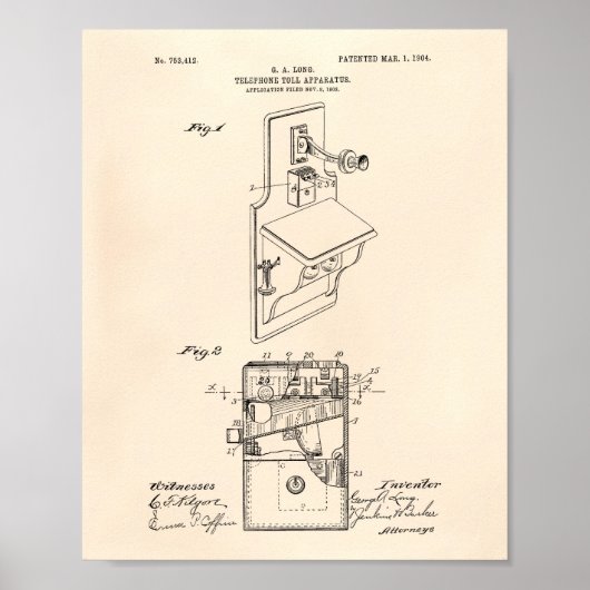 Telefon Toll 1904 Patent Art Old Peper Poster (Vorne)