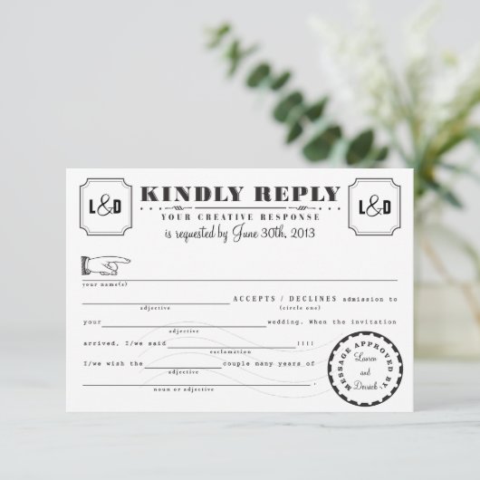 Telegramm Libs Response Card Schwarz und Weiß Einladung (Stehend Vorderseite)