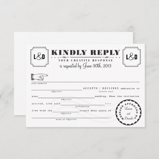 Telegramm Libs Response Card Schwarz und Weiß Einladung (Vorne/Hinten)