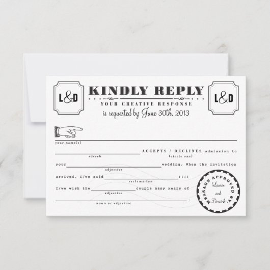 Telegramm Libs Response Card Schwarz/Weiß RSVP Karte (Vorderseite)