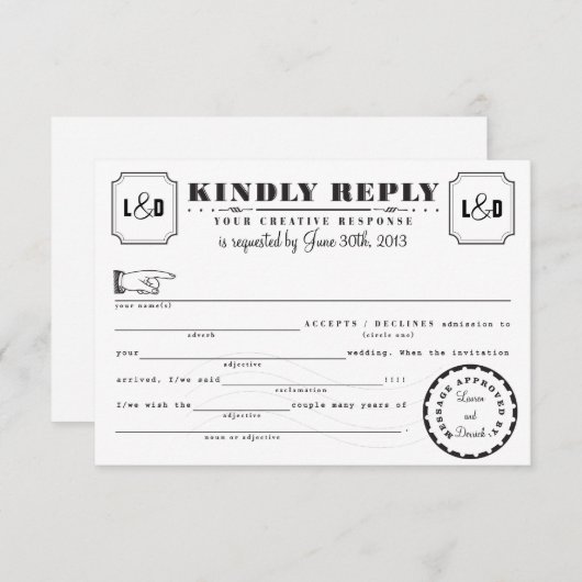 Telegramm Libs Response Card Schwarz/Weiß RSVP Karte (Vorne/Hinten)