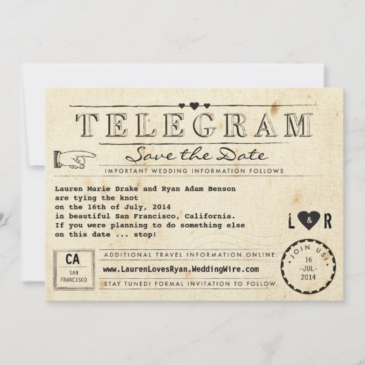 Telegramm mit Hearts Vintage Travel Save the Date (Vorderseite)