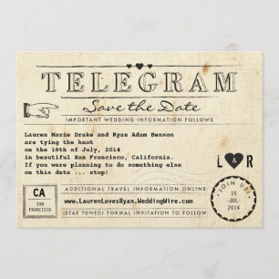 Telegramm mit Herzen Vintage Reise Vorankündigung Save The Date