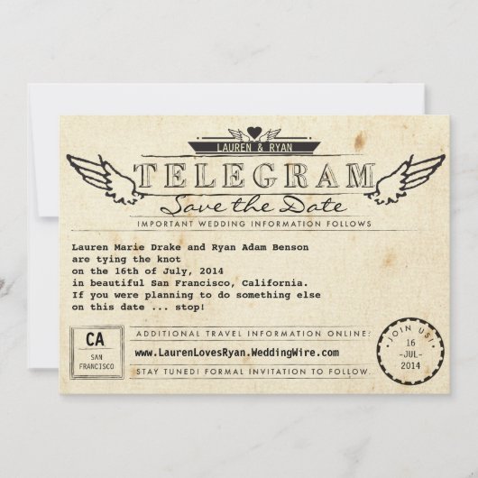 Telegramm Vintage Travel Foto Card Save the Date (Vorderseite)