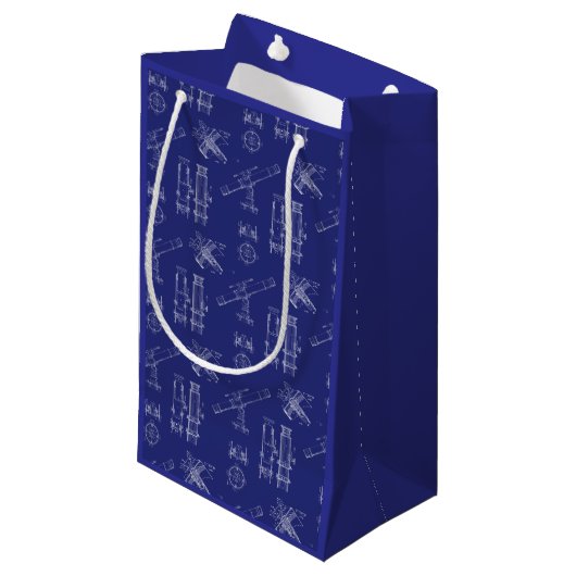 Telescope Schematics Gift Bag in Blue Kleine Geschenktüte (Vorderseite Schrägansicht)