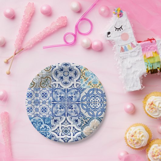 Teller aus blauem Fliesenpapier (Party)
