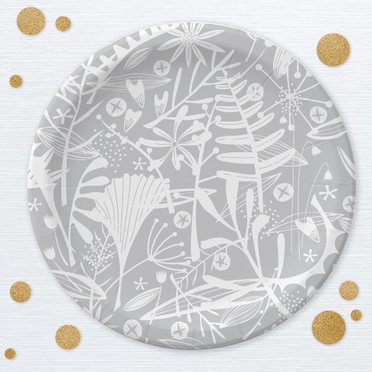 Teller aus botanischem Silber, graues Blumenpapier