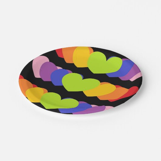 Teller aus schwarzem Party mit Regenbogenfarben  (Schrägansicht)