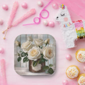 Teller aus viereckigem Papier Shabby Chic Weißrose (Party)