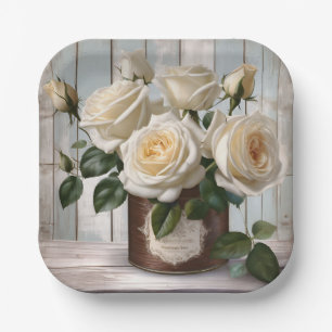 Teller aus viereckigem Papier Shabby Chic Weißrose