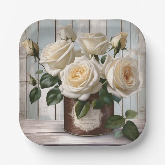 Teller aus viereckigem Papier Shabby Chic Weißrose (Vorderseite)