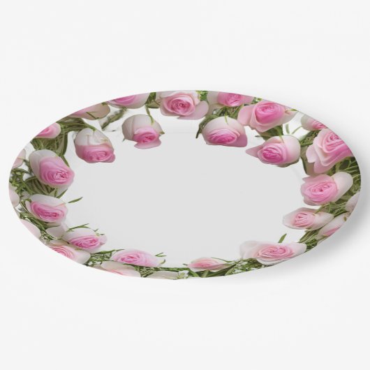 Teller aus weichrosa Rosen, 9" Rundpapier (Schrägansicht)