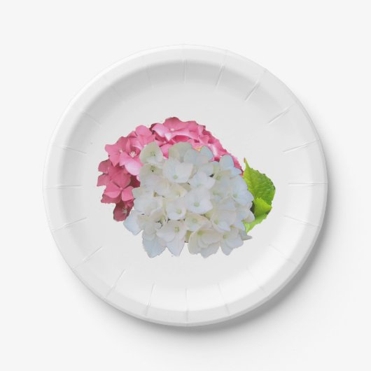 Teller aus weißem und rosa Hydrangeas (Vorderseite)