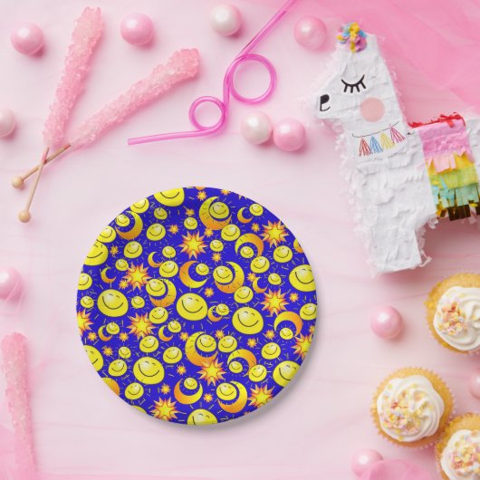 Teller, blaue, gelbe Orangensteine Pappteller (Party)