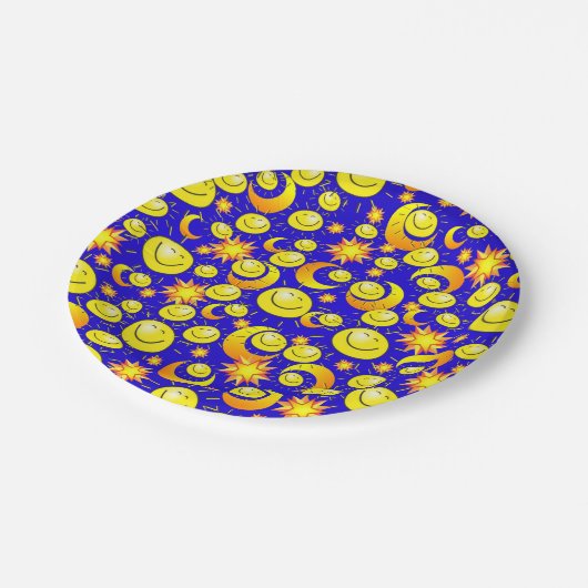 Teller, blaue, gelbe Orangensteine Pappteller (Schrägansicht)