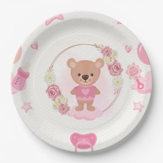 Teller für Baby-Party mit rosa Teddybär (Vorderseite)