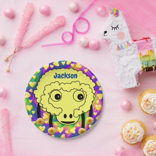 Teller, gelbe Schafe, gelbe Herzen Pappteller (Party)