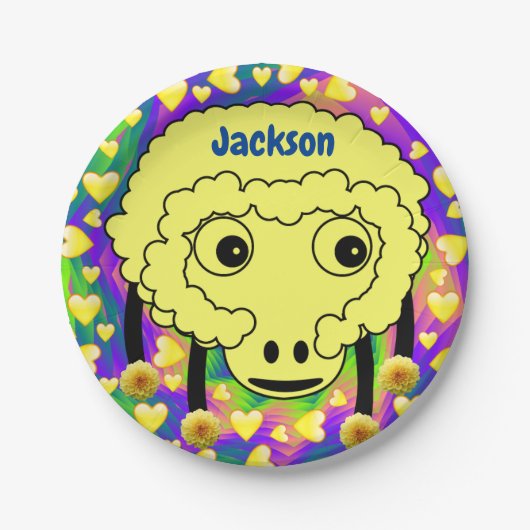 Teller, gelbe Schafe, gelbe Herzen Pappteller (Vorderseite)