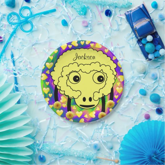 Teller, gelbe Schafe, gelbe Herzen Pappteller (Party)