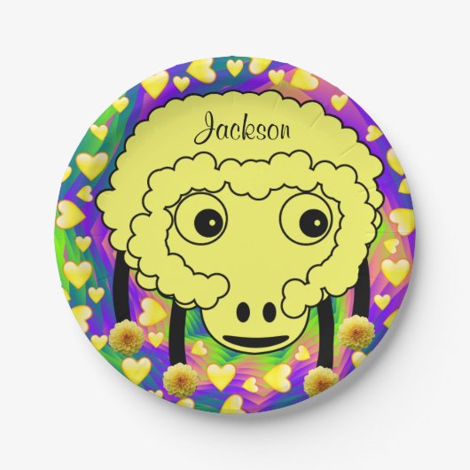 Teller, gelbe Schafe, gelbe Herzen Pappteller (Vorderseite)