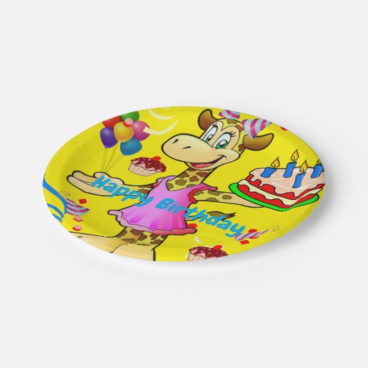 Teller, Giraffe Happy Birthday Cake Gelb Pappteller (Schrägansicht)