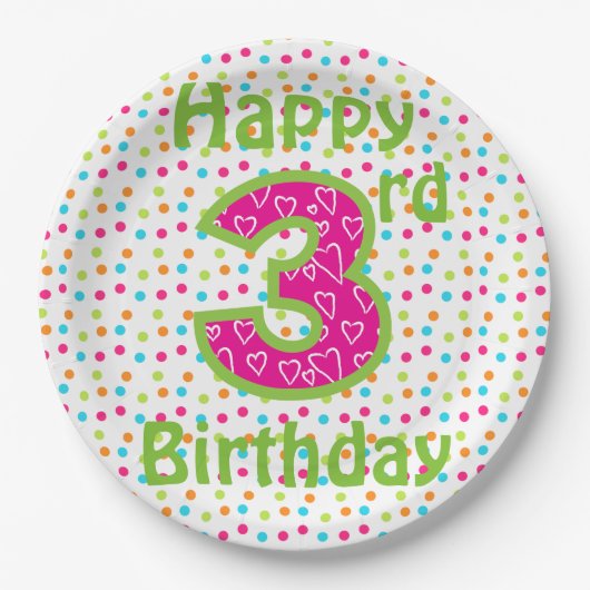 Teller/Glücklich 3. Geburtstag mit Polka Dots Pappteller (Vorderseite)