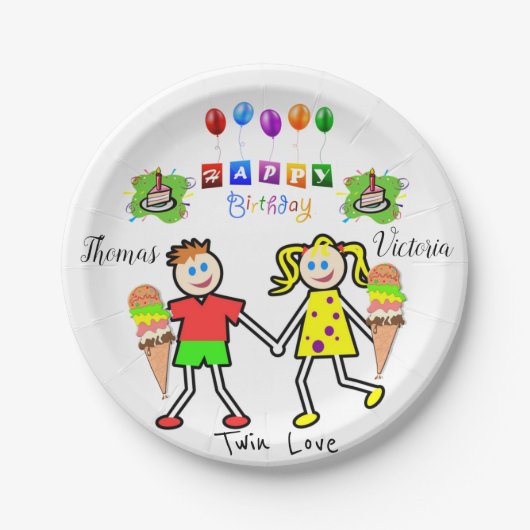 Teller, glücklich zum Geburtstag, Zwillinge Pappteller (Vorderseite)