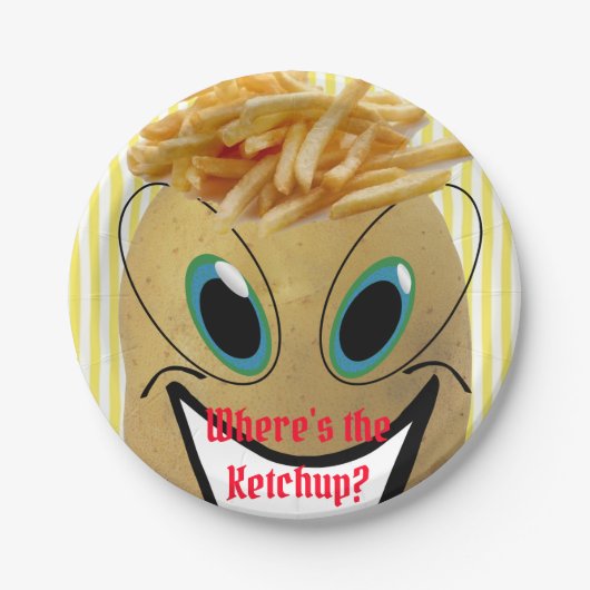 Teller, Kartoffeln, Pommes frites, gelber Streifen Pappteller (Vorderseite)