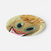 Teller, Kartoffeln, Pommes frites, gelber Streifen Pappteller (Schrägansicht)