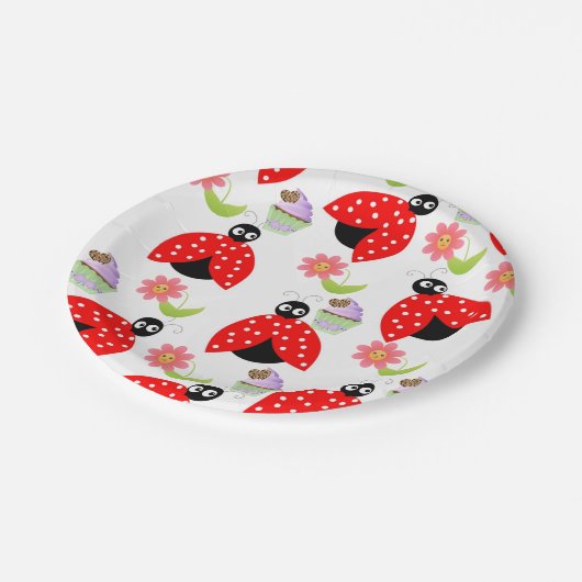 Teller, Ladybug Cupcake Floral Blume Pappteller (Schrägansicht)