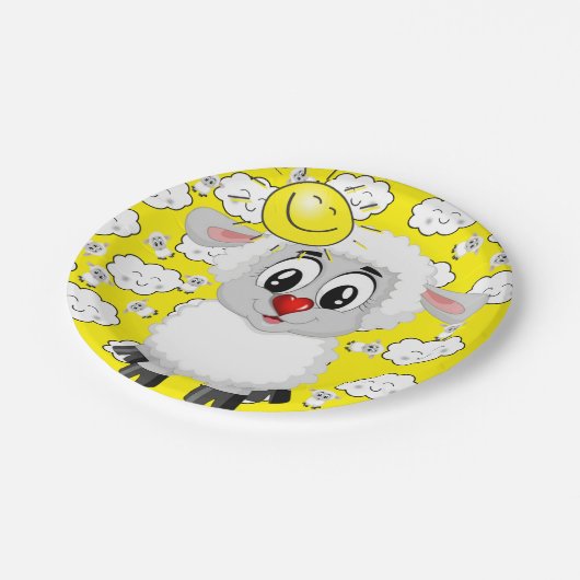 Teller, Liebe, Gelbe Schaf-Wolken Pappteller (Schrägansicht)