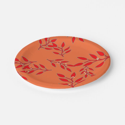 Teller mit Berries und Blätter auf Orange (Schrägansicht)