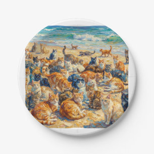 Teller mit Katzen, die sich auf dem Strand entspan