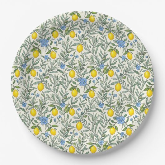 Teller mit Zitronen- und blauem Blumenmuster (Vorderseite)