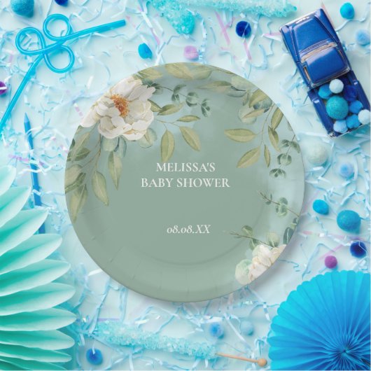 Teller Papier Silver Sage Eukalyptus Weiße Blume (Party)