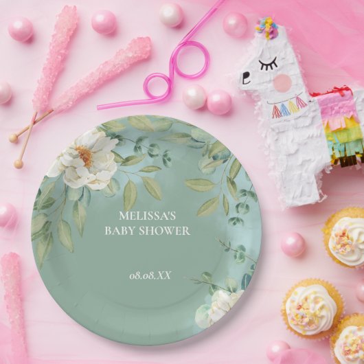 Teller Papier Silver Sage Eukalyptus Weiße Blume (Party)