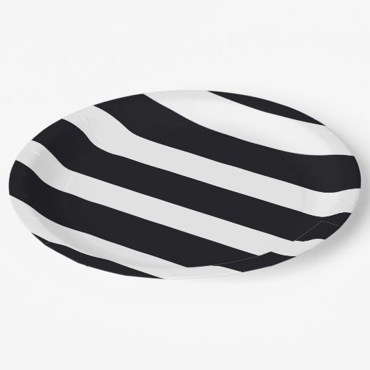 Teller Papierplatte 9" Schwarz-Weiß Streifen (Schrägansicht)