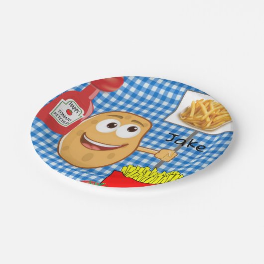 Teller, Potato French Fries Ketchup Kariert Pappteller (Schrägansicht)