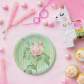 Teller, rosa Rosa, grüner Streifen Pappteller (Party)