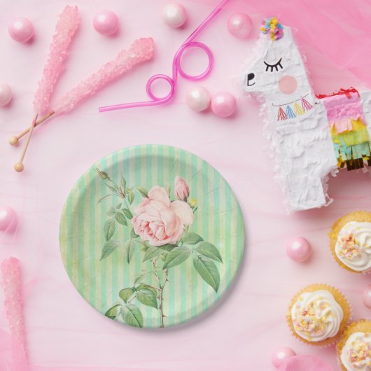 Teller, rosa Rosa, grüner Streifen Pappteller (Party)