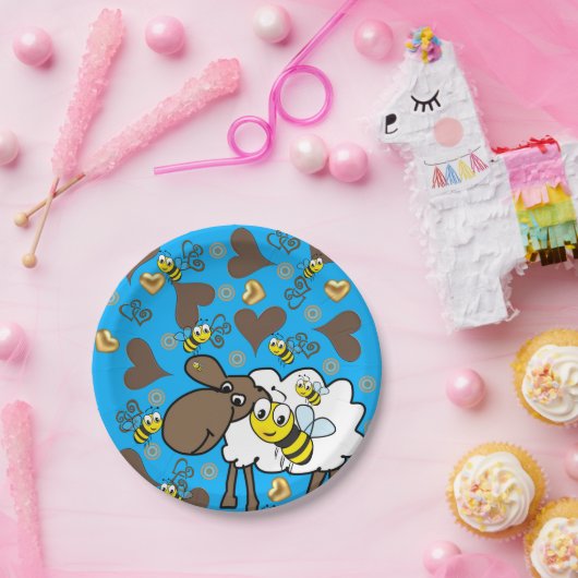 Teller, Schafbäume, blaue Herzen Pappteller (Party)