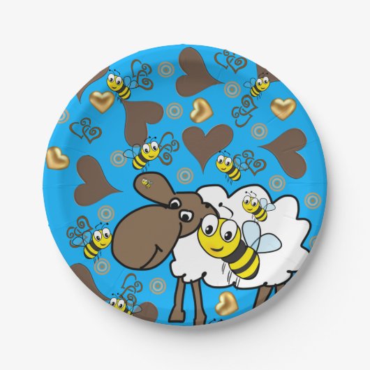 Teller, Schafbäume, blaue Herzen Pappteller (Vorderseite)