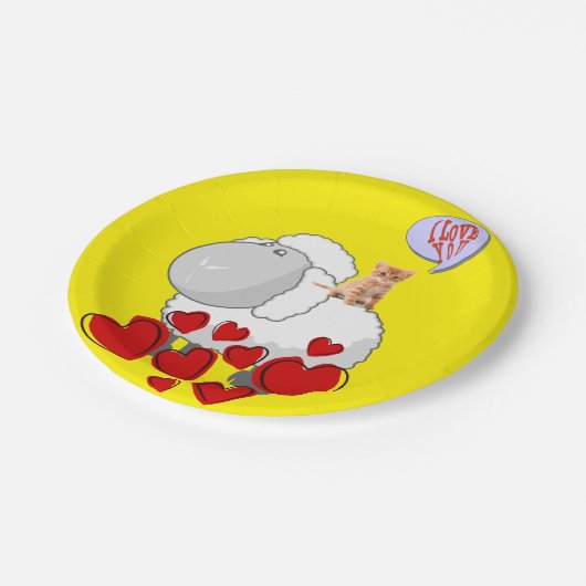 Teller, Schafskätzchen, rote Herzen Pappteller (Schrägansicht)