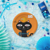 Teller, schwarze Katzenfische, orange, Meow Pappteller (Party)