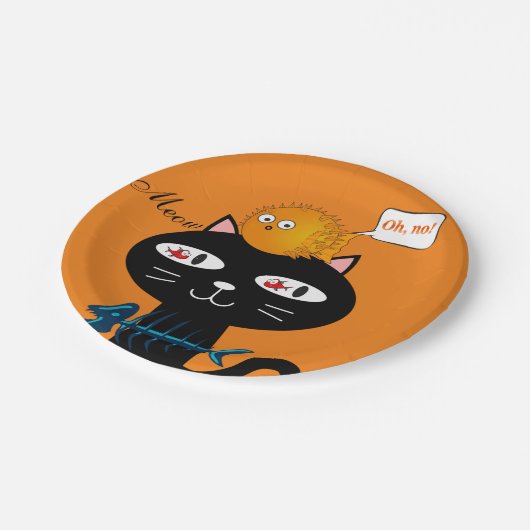 Teller, schwarze Katzenfische, orange, Meow Pappteller (Schrägansicht)